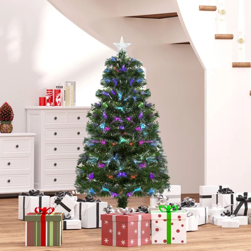 HOMCOM 4ft Pre-Lit Optic Fiber Xmas Tree Artificial Spruce Tree Top Star