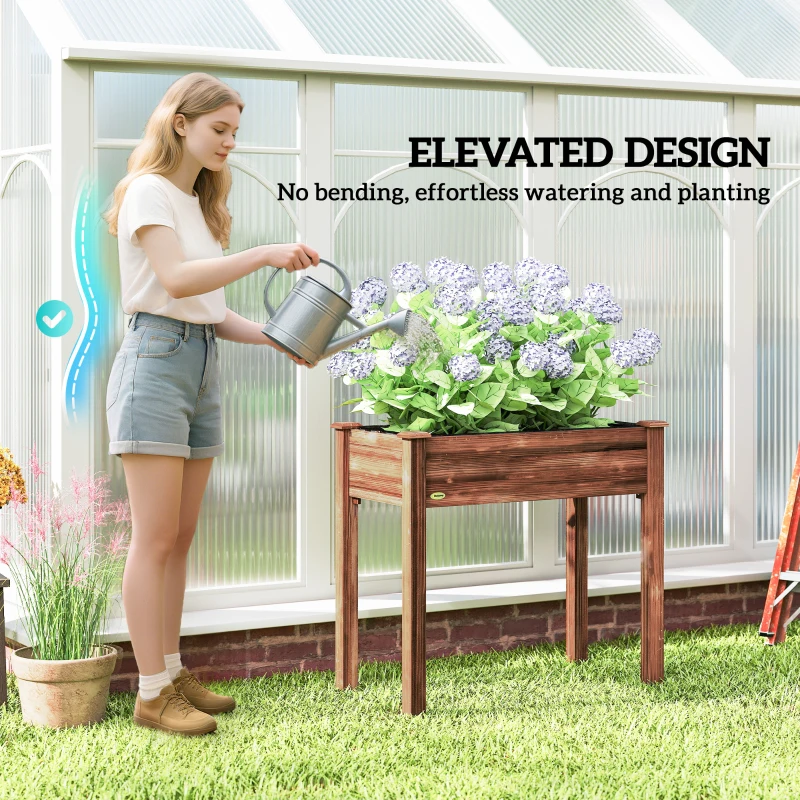 Outsunny 34" x 18" x 30" Wooden Patio Raised Garden Bed Planter, Elevated Planter Box with Legs, Carbonized