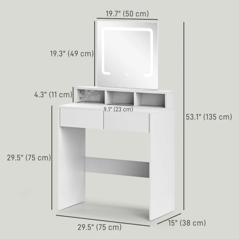 HOMCOM Makeup Vanity Desk with Mirror and LED Lights, for Bedroom, Modern Dressing Table with Drawers, Compartments, White
