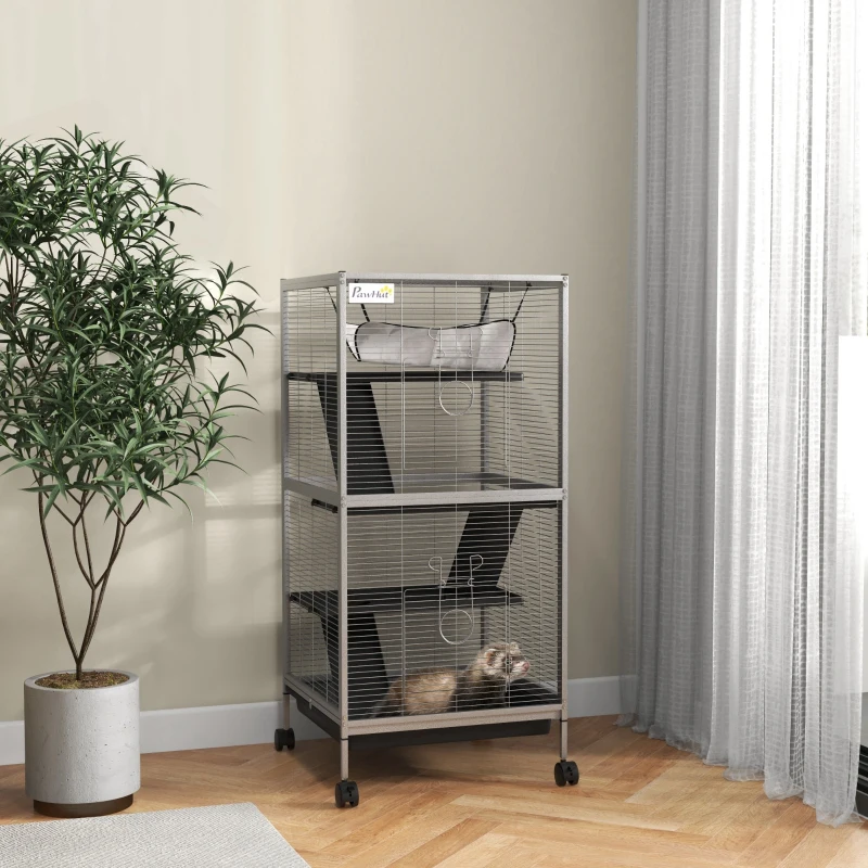 PawHut 45" H Rolling Small Animal Cage with Hammock, Ferret Cage, Chinchilla Cage, Pet Habitat with 6 Doors, Removable Tray