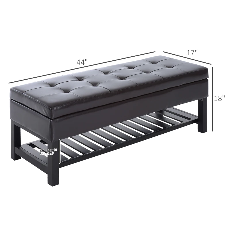 HomCom 44" Tufted Faux Leather Ottoman Storage Bench With Shoe Rack - Dark Brown