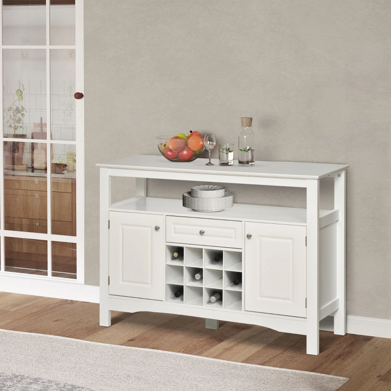 HOMCOM Coffee Bar Cabinet, Modern Sideboard Buffet Cabinet, Wine Cabinet with Drawer and 12-Bottle Wine Rack for Living Room, White