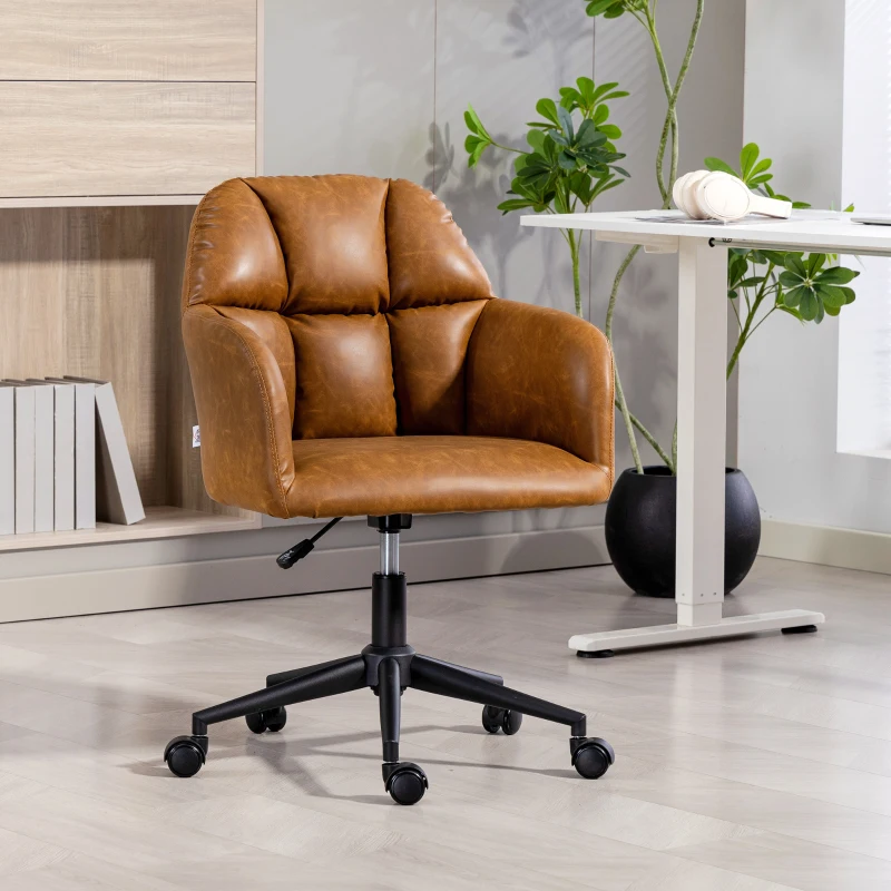 HOMCOM Swivel Office Chair, Faux Leather Desk Chair with Adjustable Height for Living Room, Bedroom, Study, Brown