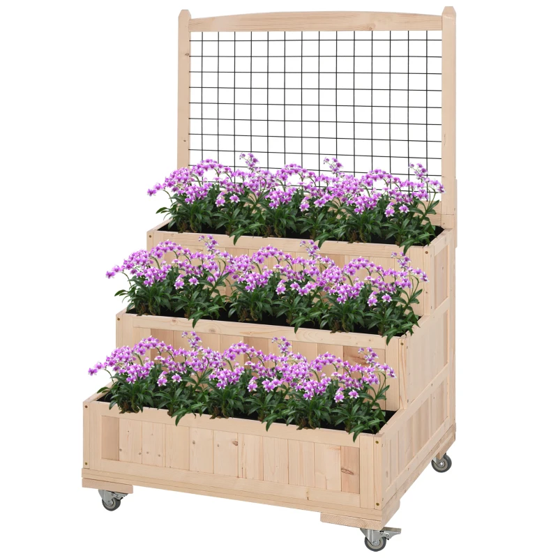 Outsunny 3-Tiers Raised Garden Bed with Trellis, 53" H Vertical Planter Box with Wheels & Back Storage Area, for Flowers, Vegetables, Herbs, Natural(m-15)