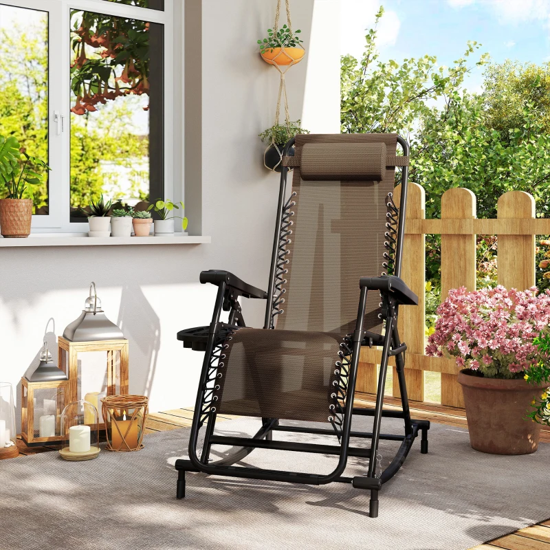Outsunny Outdoor Rocking Chairs, Foldable Reclining Zero Gravity Lounge Rocker with Pillow, Cup & Phone Holder, Combo Design with Folding Legs, Brown
