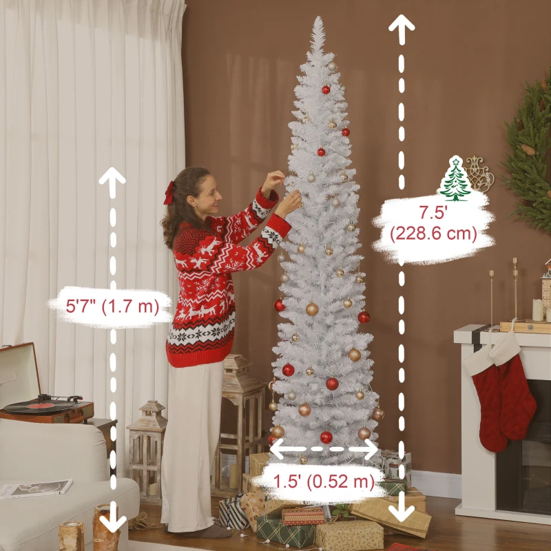 HOMCOM 7.5ft Christmas Tree with Colourful DIY Synchronized LEDs, Hinged Pencil Xmas Tree with Remote, Daily Timer, White
