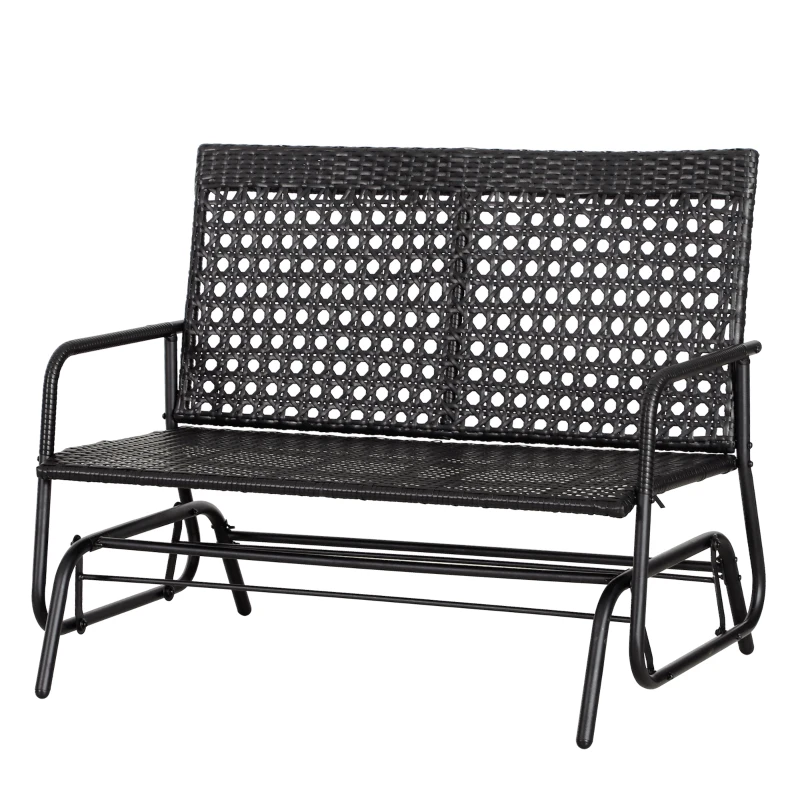 Outsunny Patio 2-Person Wicker Glider Bench Swing Gliding Chair, Outdoor All-Hand Woven PE Rattan Loveseat w/ Ergonomic Design for Patio, Garden, Porch, Lawn, Black