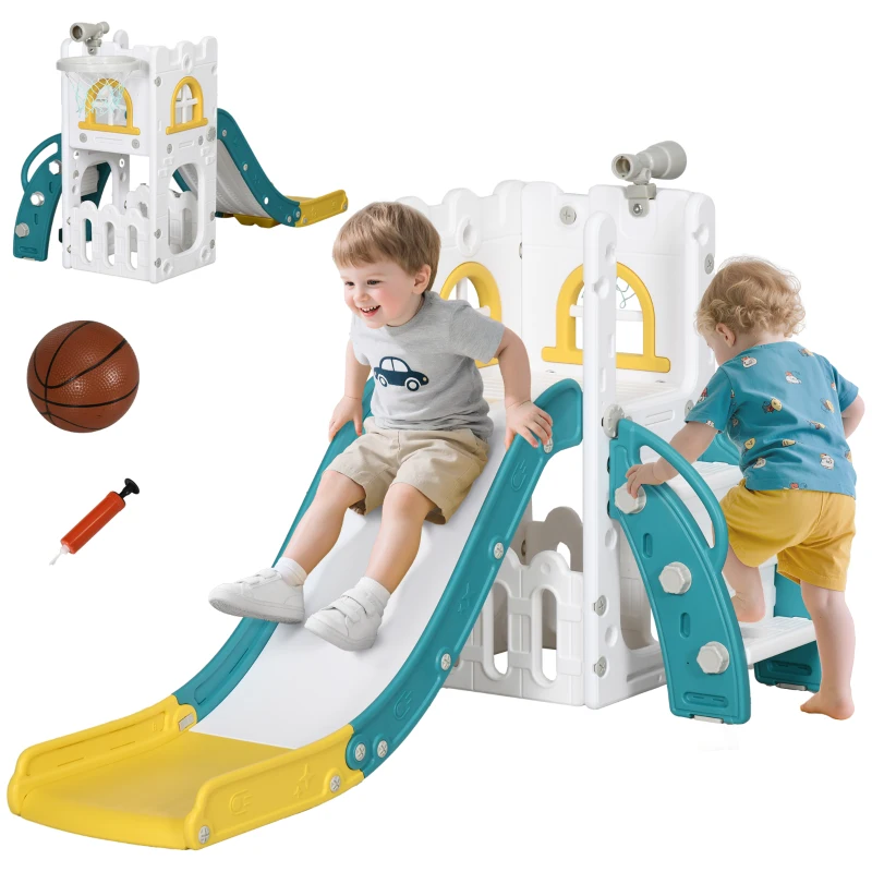 Qaba 5 in 1 Toddler Slide with Basketball Hoop, Climber, Telescope & Storage Baskets for 1-3 Years Olds, Yellow