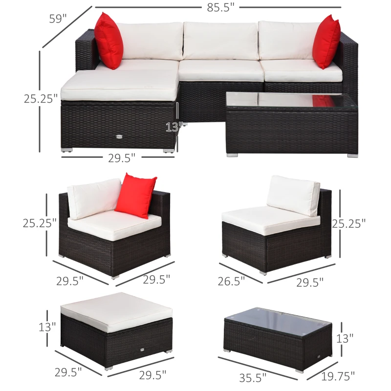 Outsunny 5-Piece Patio Furniture Set with Cushions, Outdoor PE Rattan Wicker Sofa Set, Sectional Furniture with Pillows, Glass Coffee Table for Garden, Backyard, Brown/Cream White