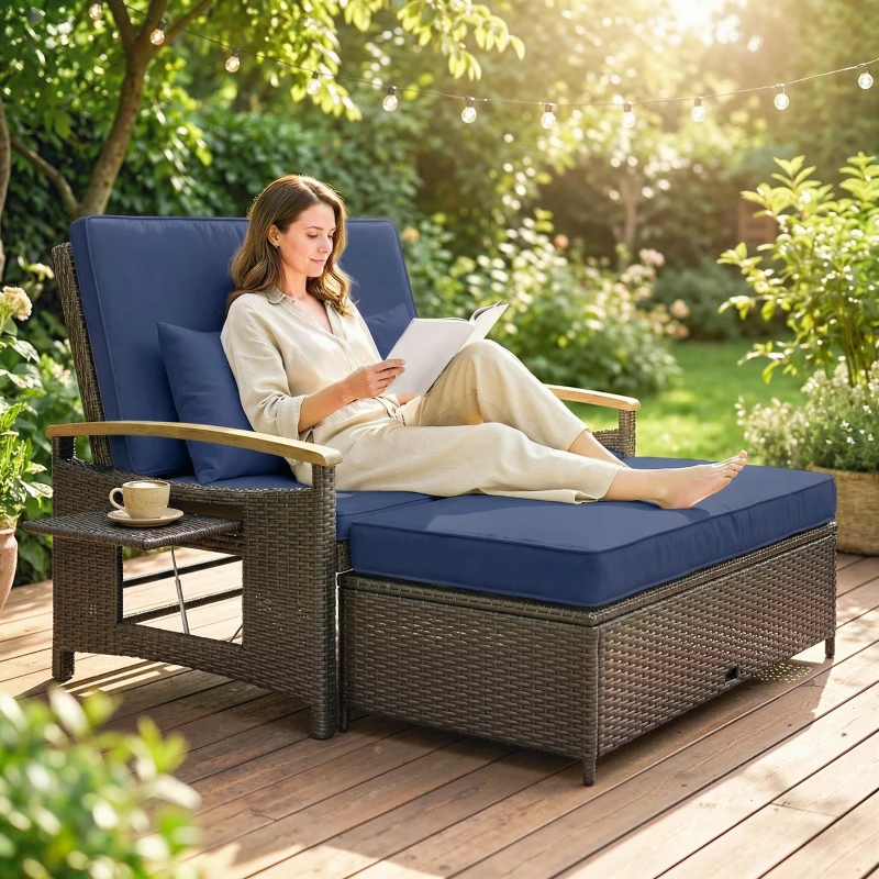 Outsunny Rattan Outdoor Daybed w/4-Level Adjustable Backrest, Patio Sofa Bed w/Storage Ottoman, Acacia Wood Armrest, Navy Blue