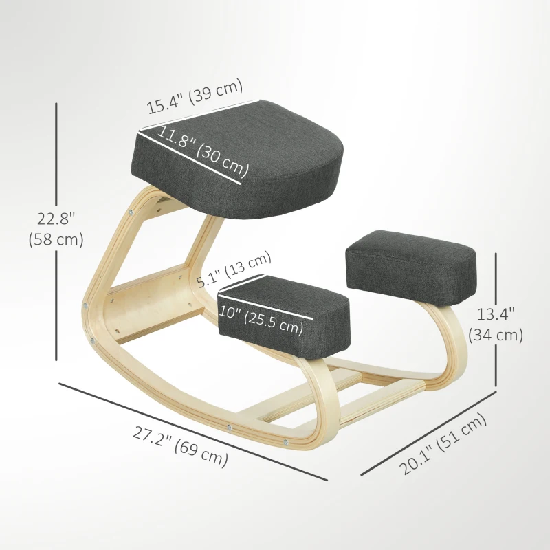 HOMCOM Ergonomic Kneeling Chair, Wood Kneel Stool with Thick Pads, Desk Knee Chair, Improve Posture, Dark Grey