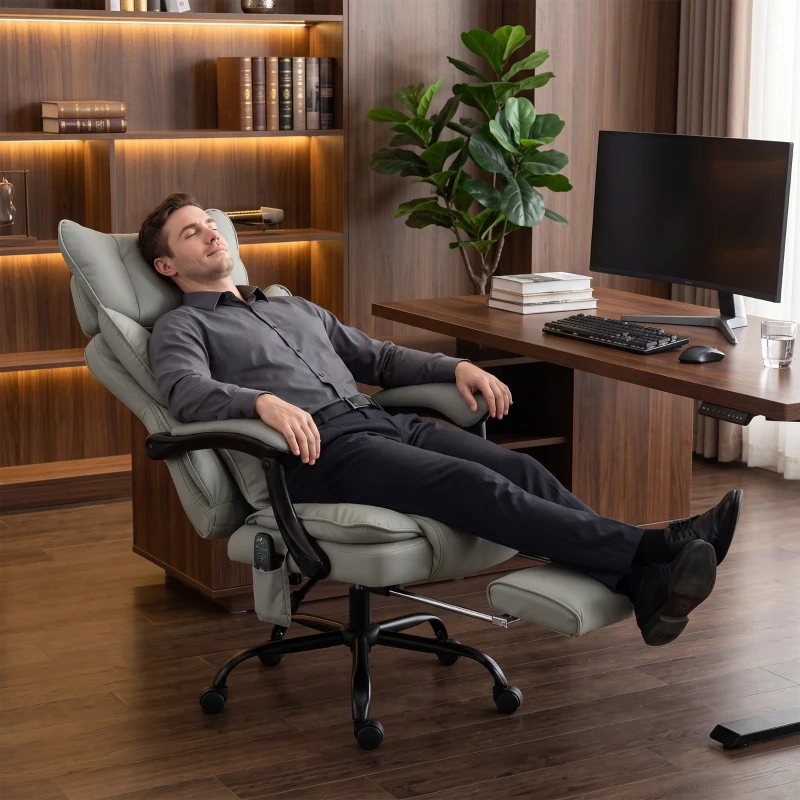 HOMCOM High Back Vibration Massage Office Chair, Heated Reclining PU Leather Computer Chair with Headrest, Gray