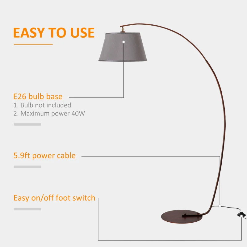 HOMCOM Arched Floor Lamp, Modern Standing Lamp with Foot Switch & Metal Base, Corner Reading Lamps Tall Pole Light for Office Bedroom Living Room, Grey