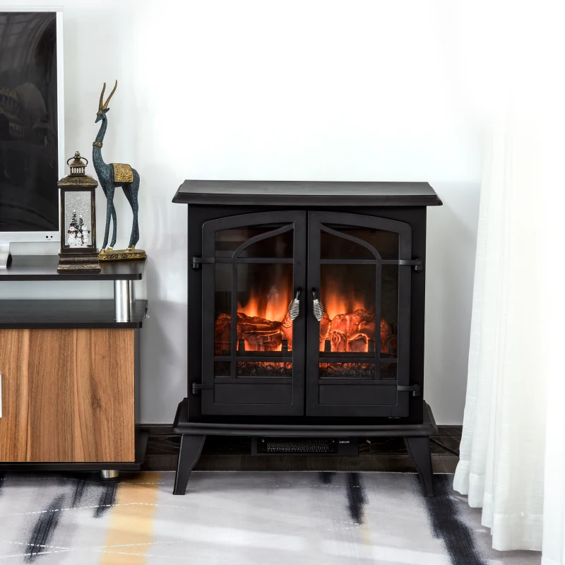 HOMCOM Electric Fireplace Heater, Fireplace Stove with Realistic LED Flames and Logs, Remote Control and Overheating Protection, 1400W, Black