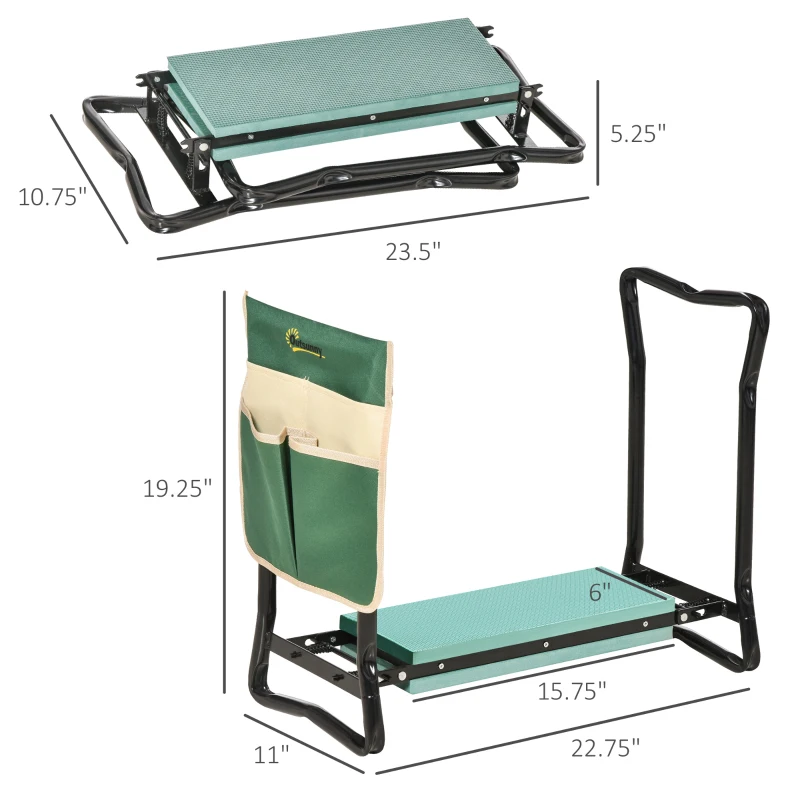 Outsunny Garden Kneeler and Seat, Foldable Gardening Stool Bench with Thick EVA Foam Kneeling Pad and Large Tool Pouch, Green