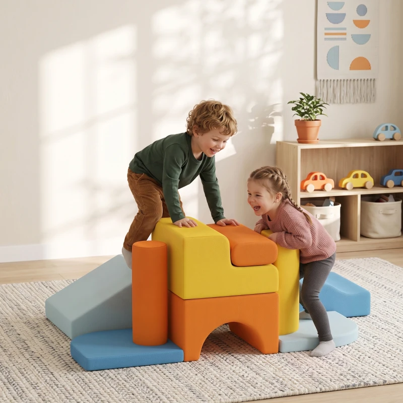 Qaba 9-Piece Soft Play Set, Kids Soft Play Foam Blocks with Detachable Cover for Climbing and Crawling, Multicolored
