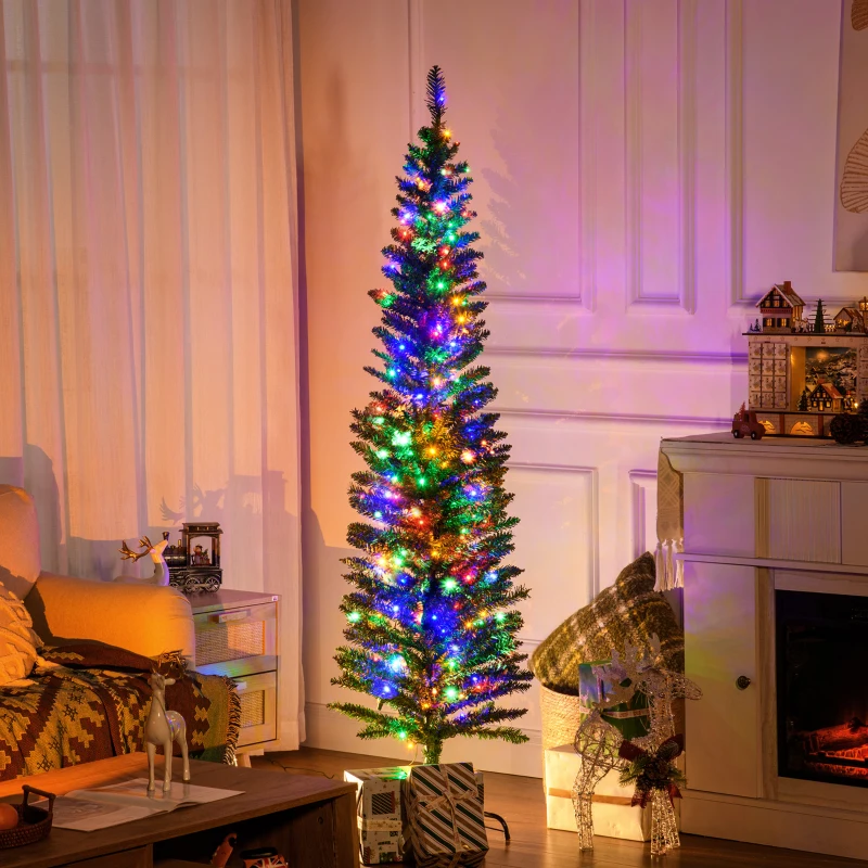 HOMCOM 6' Artificial Pencil Christmas Trees Holiday Decoration with Colourful LED Lights, Steel Base, Skinny Shape
