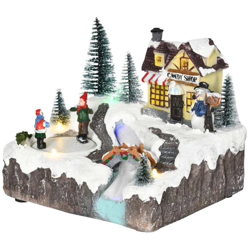 HOMCOM Animated Christmas Village Scene, Pre-Lit Musical Holiday Decoration with LED Lights, Fiber Optic, Rotating Skating Pond and 2 Skaters