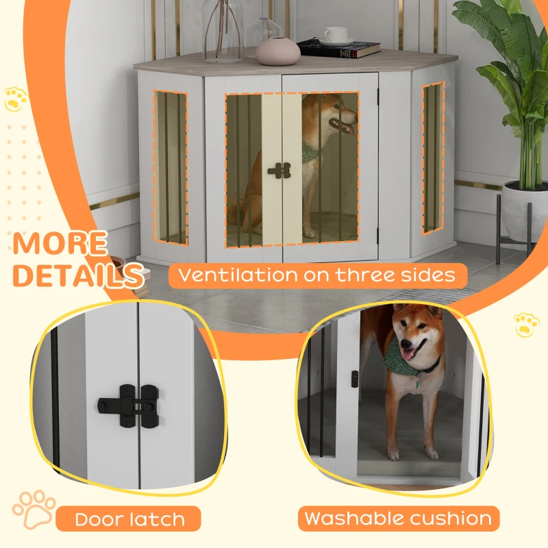 PawHut Dog Crate Furniture with Cushion, 41 Inch Corner Design Dog Crate End Table for Medium Dogs, Multi Colour
