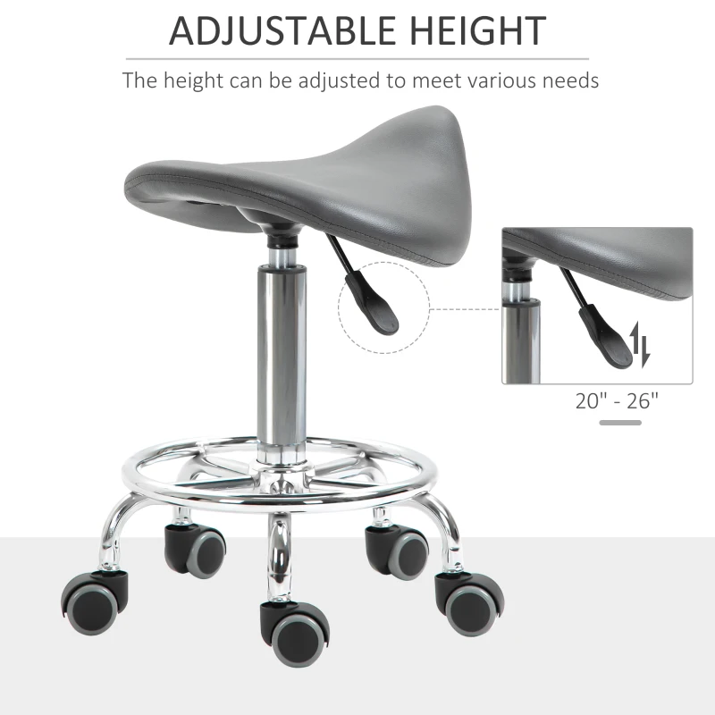 HOMCOM PU Leather Adjustable Stool, Rolling Saddle Stool with Wheels for Massage, Spa, Clinic, Beauty and Tattoo, Gray
