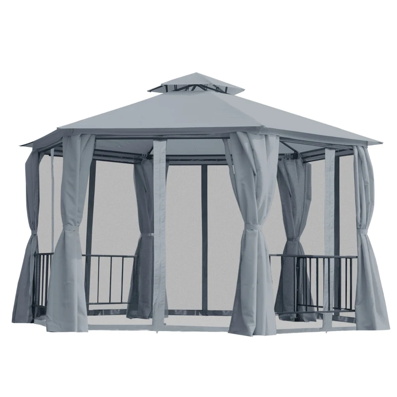 Outsunny 13' x 13' Patio Gazebo, Double Roof Hexagon Outdoor Gazebo Canopy Shelter with Netting & Curtains, Solid Steel Frame for Garden, Lawn, Backyard and Deck, Gray