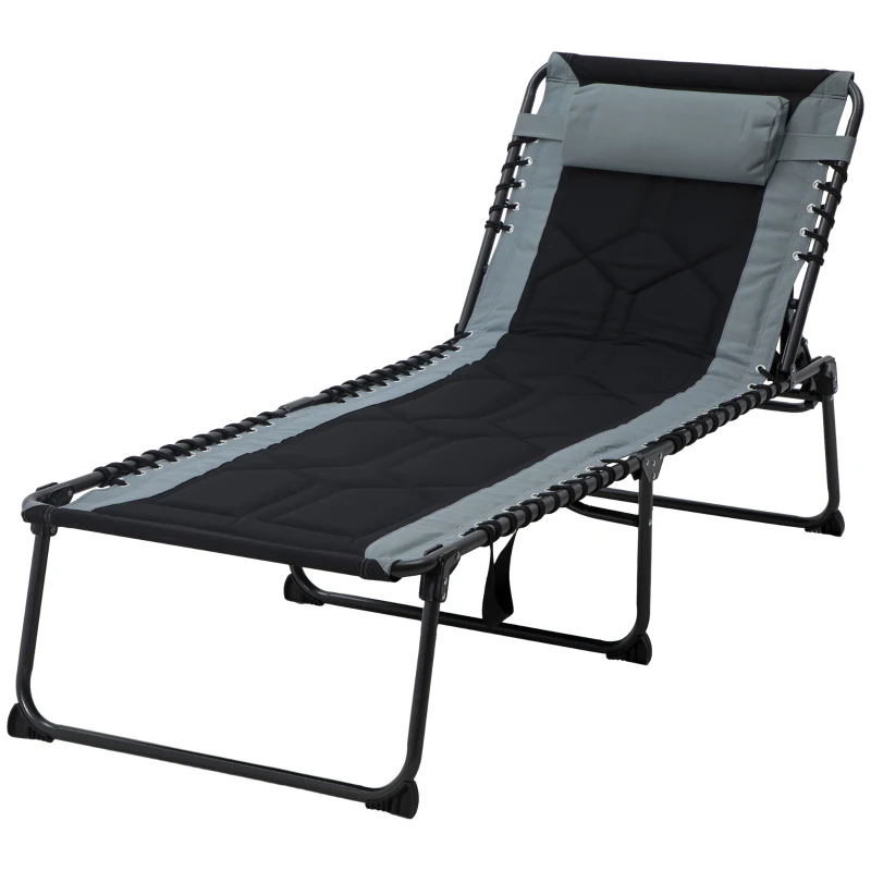 Outsunny Folding Chaise Lounge w/ 5-level Reclining Back, Outdoor Tanning Chair Lounge Chair w/ Padded Seat, Side Pocket, Headrest, Carry Strap, for Beach, Yard, Patio, Black
