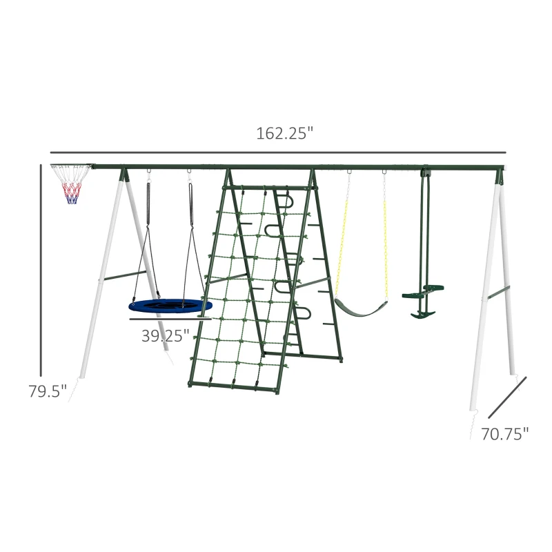 Outsunny Metal Swing Set for Backyard with 1 Saucer Swing, Basketball Hoop, 1 Seat, 1 Swing Glider, Climbing Net and Steps