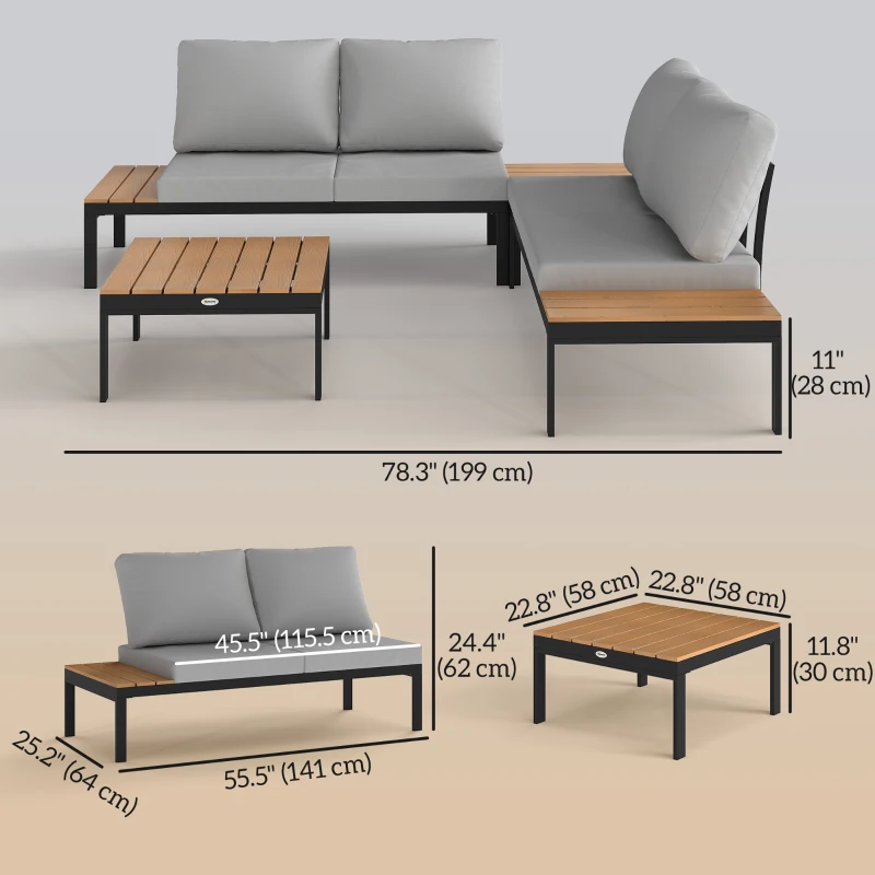 Outsunny 4 Piece L Shaped Garden Furniture Set, 4 Seater Outdoor Corner Garden Set, 2 Loveseats, 2 Coffee Tables, Teak