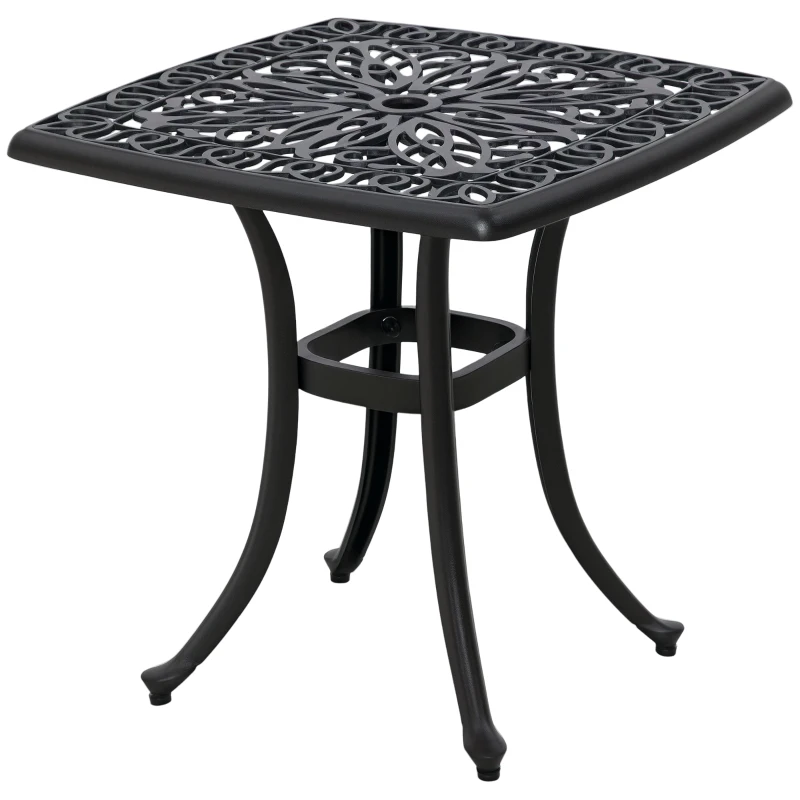 Outsunny 21" Square Outdoor End Table, Cast Aluminum Patio Side Table with Umbrella Hole for Garden, Balcony, Poolside, Black