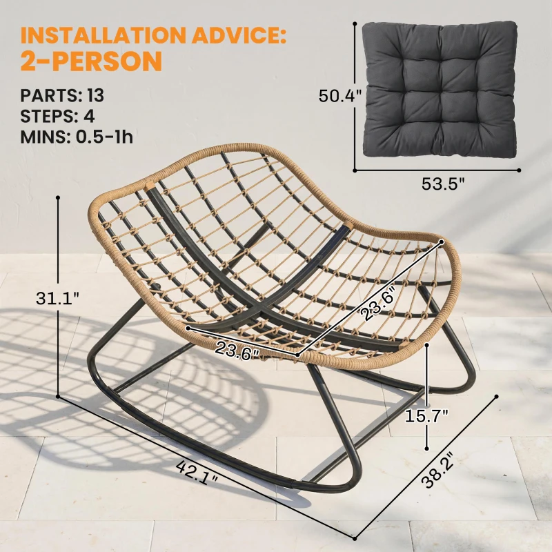 Outsunny Indoor Outdoor Papasan Rocking Chair, Oversized Rocking Egg Chair with Cushion for Garden, Patio, Dark Gray
