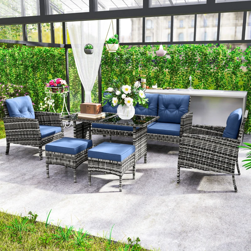 Outsunny 6 Piece Patio Furniture Set with Patio Chairs, Ottomans, Sofa, Glass Top Table and Cushions, Wicker Rattan Outdoor Furniture Set for Backyard, Porch, Navy Blue