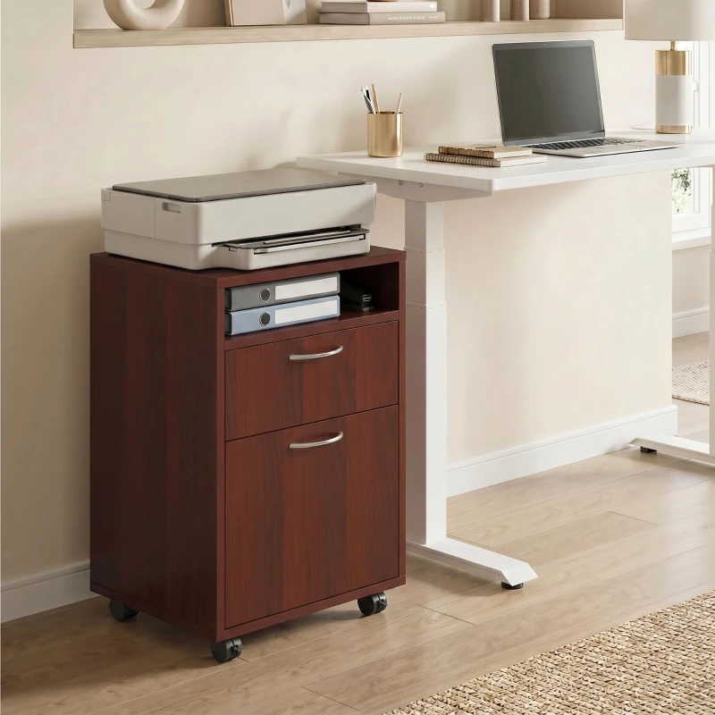 HOMCOM Mobile Storage Cabinet Organizer with Drawer and Cabinet, Printer Stand with Castors, Brown