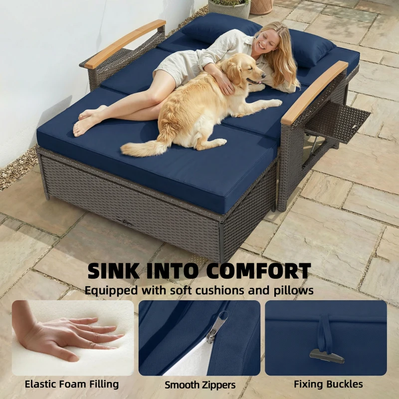 Outsunny Rattan Outdoor Daybed w/4-Level Adjustable Backrest, Patio Sofa Bed w/Storage Ottoman, Acacia Wood Armrest, Navy Blue