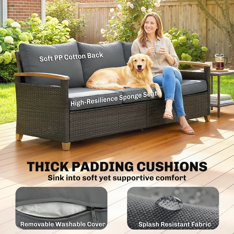 Outsunny 3 Seater Outdoor Couch Sofa, PE Wicker Patio Sofa, Wide Deep Seat, 4" Cushions, Wood-Effect Armrests Legs, Gray
