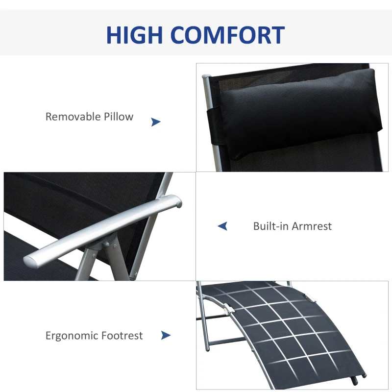 Outsunny Chaise Lounge Foldable Outdoor Chair, Portable, 7-Position Adjustable Reclining Tri-fold Chair for Camping, Sunbathing & Tanning at the Beach, Swimming Pool with Pillow, Black