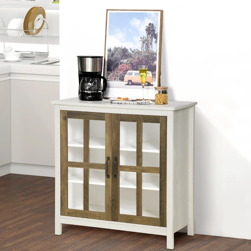 HOMCOM Sideboard Buffet Cabinet, Glass Door Kitchen Cabinet with Storage,  Accent Entryway Cabinet with Adjustable Shelf for Living Room, Distressed White