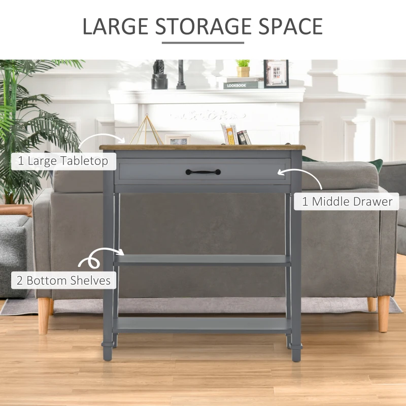 HOMCOM Modern Style Sofa Console Entry Hallway Table with Drawer and Shelves, Sturdy Build, and Large Storage, Grey