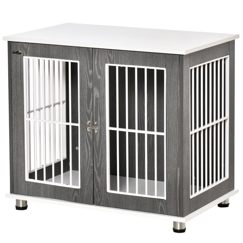 PawHut 34'' 2-in-1 Wooden Dog Kennel, Modern Wire Animal Crate, Pet Cage with Lockable Door and Adjustable Foot Pads, for Small and Medium Dogs, Grey and White