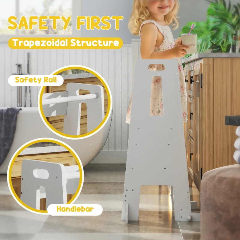 Qaba Height Adjustable Toddler Tower w/ Safety Rail, Handlbar, for Bathroom, Kitchen, White