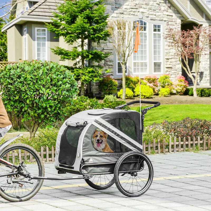 Aosom 2-in-1 Pet Bike Trailer for Small Medium Dogs, Road-Visibility Dog Stroller Bicycle Carrier, Weather-Strong Bike Wagon Trailer Sidecar Attachment, Gray