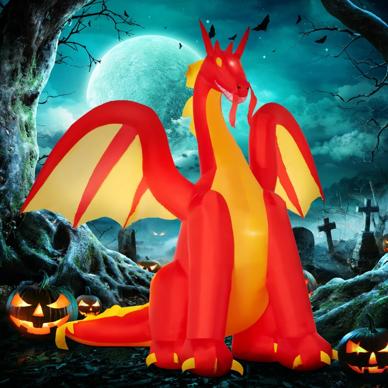 HOMCOM 9.5ft Halloween Inflatables, Giant Inflatable Fire Dragon, Blow Up Outdoor LED Yard Display, Waterproof