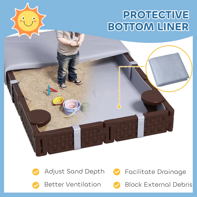 Qaba Kids Sandbox with Cover, 4 Corner Seats, Bottom Liner for Backyard, Garden, Outdoor, 73" x 47" x 9", Dark Brown