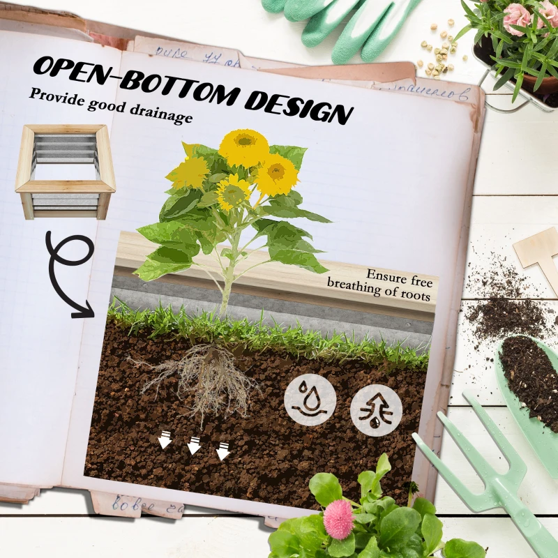 Outsunny Raised Garden Beds Set of 2, Metal and Wood Combined Planter Box, for Growing Flowers, Herbs and Vegetables