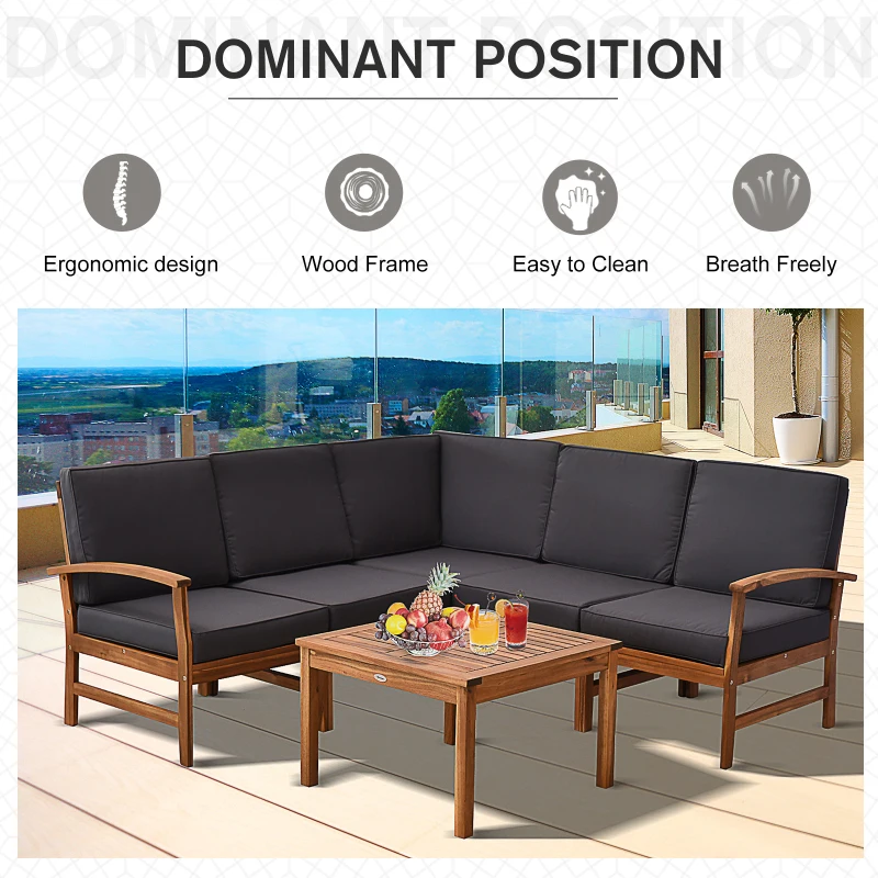 Outsunny 6 Piece L Shape Garden Sofa Set Solid Acacia Wood Garden Furniture Set with a Coffee Table for Yard and Bistro, Grey
