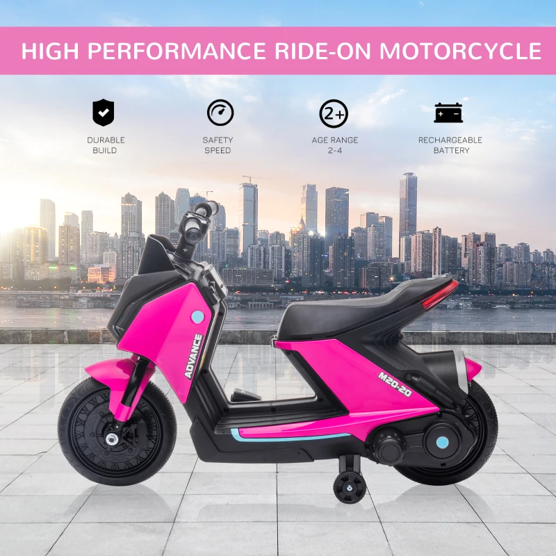 Aosom 6V Kids Motorcycle Dirt Bike Electric Battery-Powered Ride-On Toy Off-road Street Bike with Music, Headlights, Rechargeable Battery, Training Wheels, for Ages 2-4, Pink