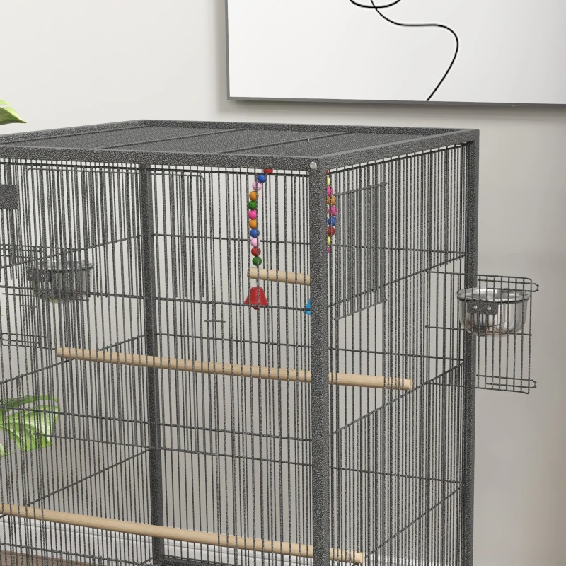 PawHut 31" Bird Cage for Parrots Lovebirds Budgies Finches, Flight Cage with 5 Doors, Swing, Stainless Steel Bowls, Removable Tray, Wheel, Grey