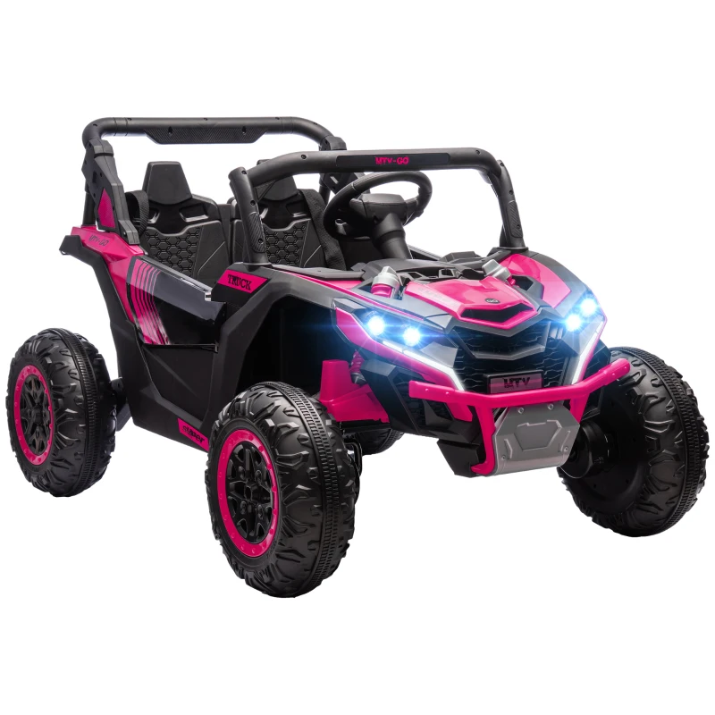 Qaba 24V 7AH Ride on Car, 2 Seater 4 MPH Ride on UTV with 4 Shock Absorbers, Music Horn LED Lights, for 3-8 Years, Pink