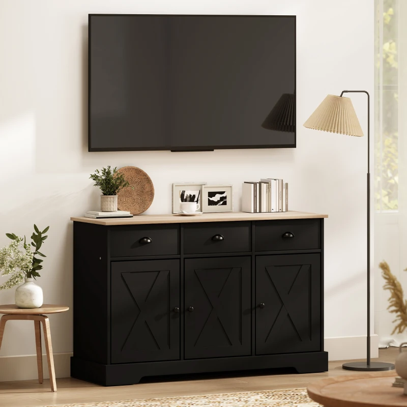 HOMCOM 46.5" Buffet Cabinet, Farmhouse Sideboard with 3 Barn Doors and 3 Drawers for Living Room, Kitchen, Black