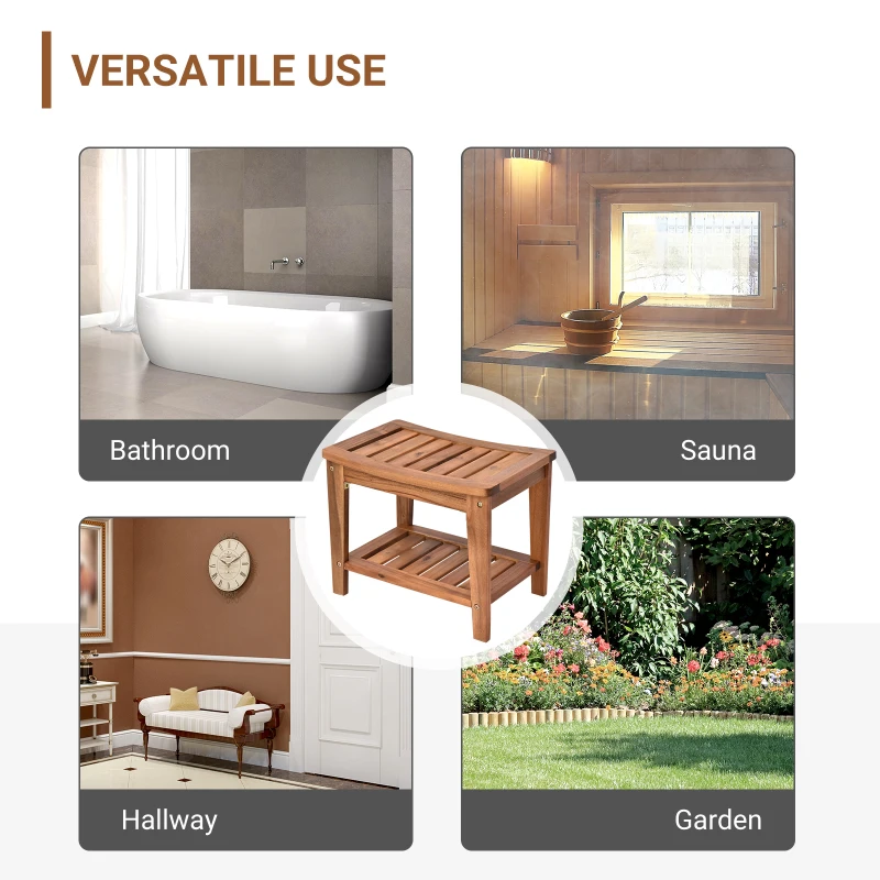 HOMCOM Acacia Wood Shower Bench Seat with Towel Shelf, 2-Tier Bathroom Spa Bathing Stool