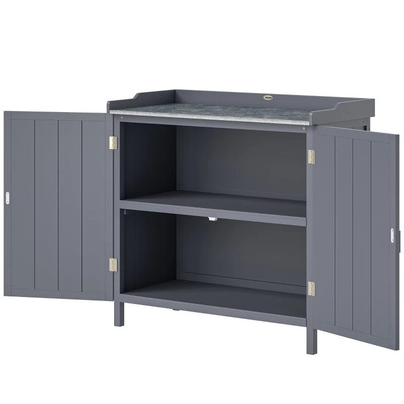 Outsunny Garden Storage Cabinet, Outdoor Potting Bench Table with Galvanized Top and Shelf, Tool Shed with Double Doors, Grey